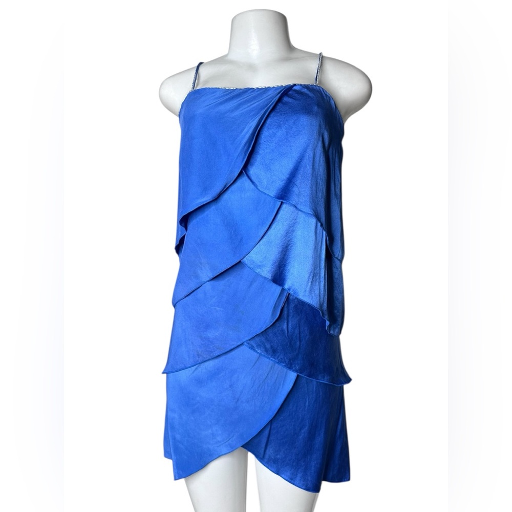 Vivienne Tam VTG 100% Silk Blue Ruffle Mini Dress | Size 1 Y2K Layered Petal Hem